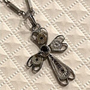 Heart Cross Vintage Necklace Silver Tone 17”